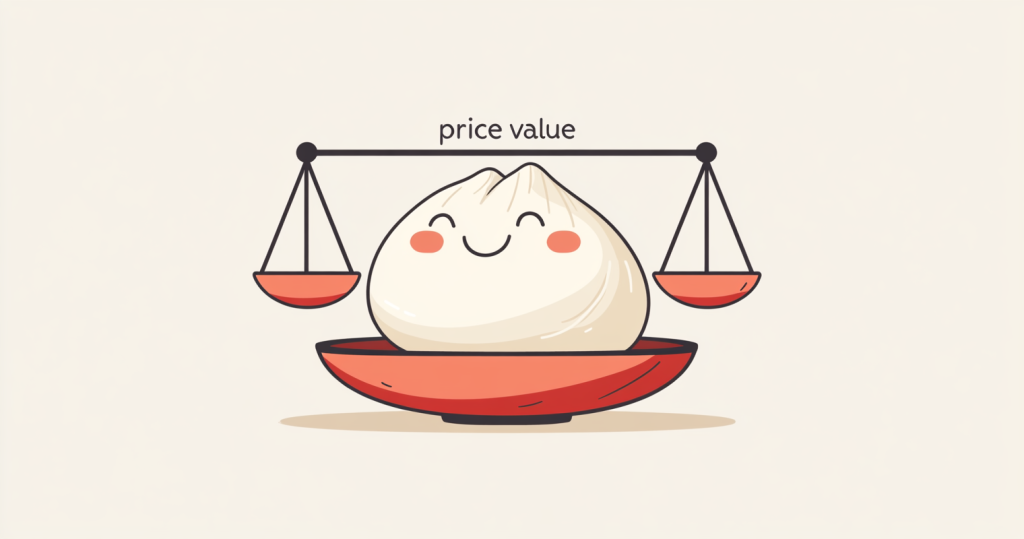 Price vs Value balance scale with a dumpling.