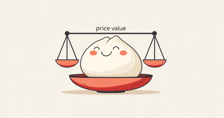 Price vs Value balance scale with a dumpling.