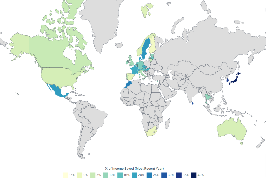World Map highlted by personal savings rate averages.